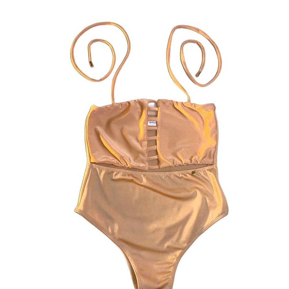 Gold One-Piece Swimsuit with Artistic Spiral Detail